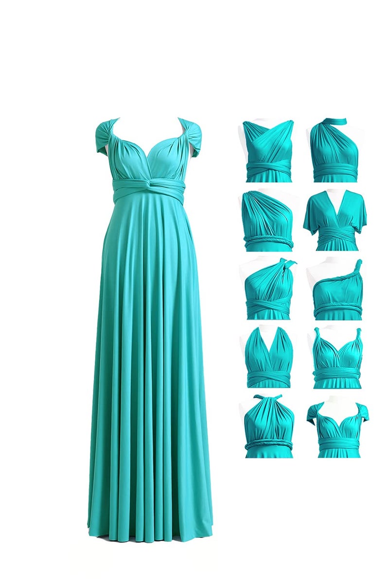 72styles Women's V Neck Elegant Long Off Shoulder Bridesmaid Convertible Dress Vintage Evening Party Wrap Infinity Dress with Bandeau Turquoise - Image 1
